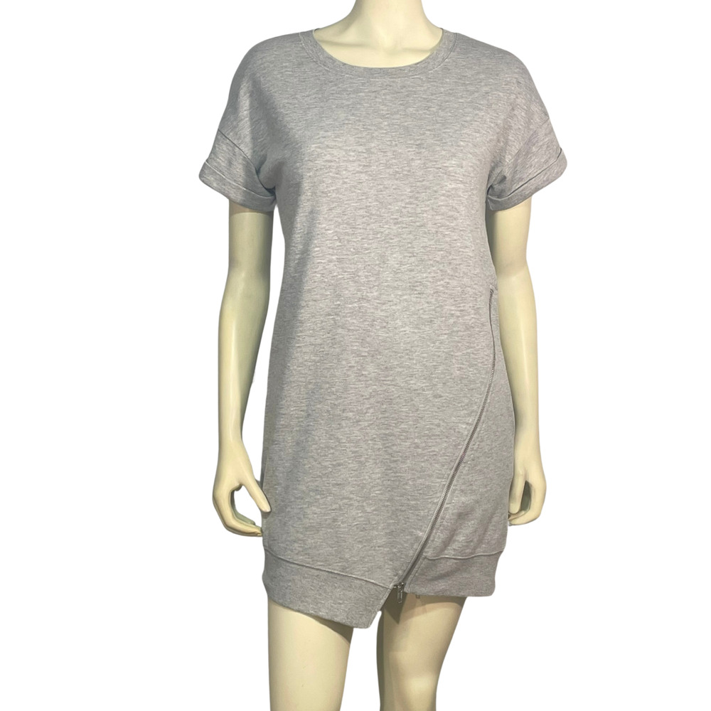 HYFVE Sz S Sweatshirt Dress Short Sleeves Asymmetric Zipper Grey Stretch Knit